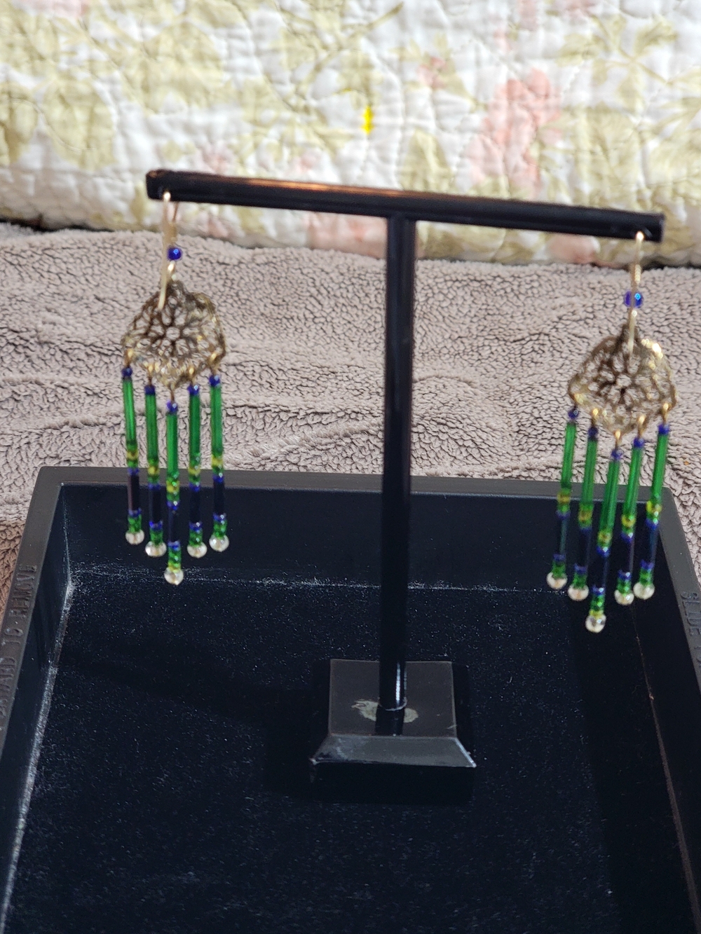 Source Unknown Green and Blue Beaded Fringe Earrings with Gold Accents